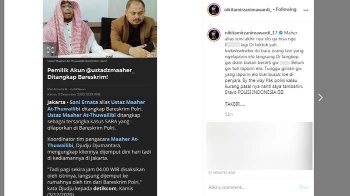 Nikita Mirzani menanggapi kabar penangkapan Ustaz Maaher