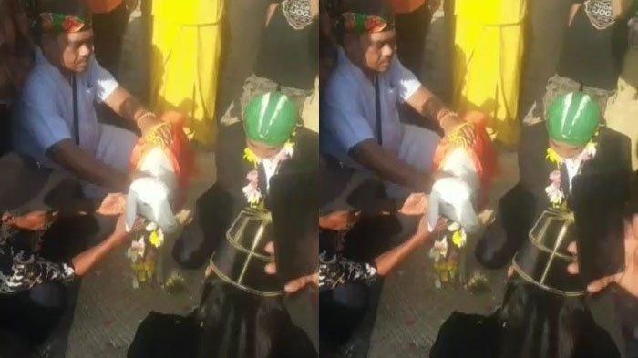 Tangkapan layar video prosesi pernikahan pria di Gresik dengan seekor domba betina.