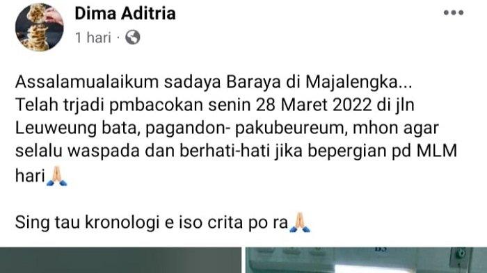 Tangkapan layar postingan warganet terkait aksi begal yang melukai warga di perbatasan Desa Pagandon-Pakubereum, Kabupaten Majalengka.