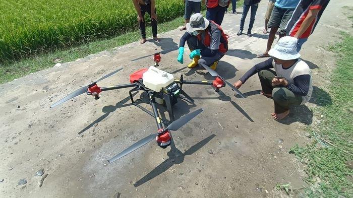 Uji coba penyemprotan pupuk menggunakan drone di lahan pertanian di depan kantor Balai Penyuluh Pertanian (BPP) Kecamatan Krangkeng, Kabupaten Indramayu, Kamis (16/9/2021).