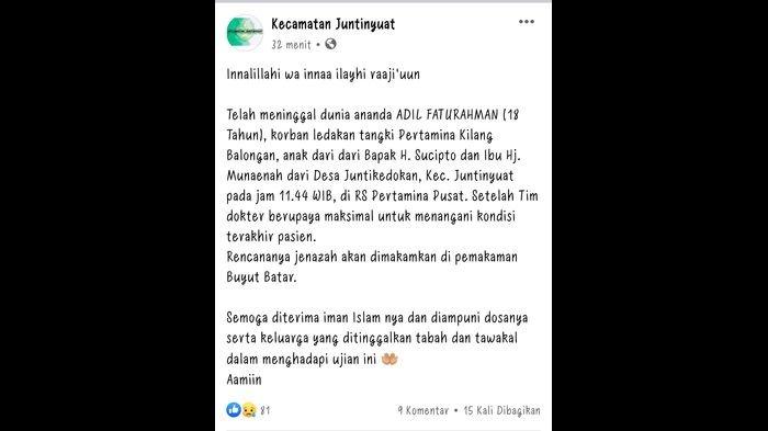 Tangkapan layar pemerintah Kecamatan Juntinyuat saat mengumumkan meninggalnya AF (18) korban ledakan PT Pertamina RU VI Balongan Indramayu di media sosial facebook, Selasa (20/4/2021).