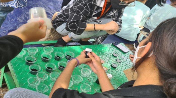Mahasiswa membagi – bagi cat pewarna untuk proses pembuatan batik kreatif di atas kayu