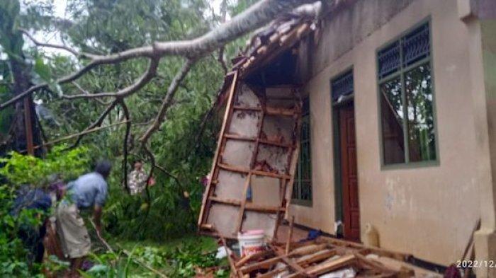 Atap rumah Engkus Kusmana di Dusun Sindang, Desa Tanjungsari, Kecamatan, Rajadesa, Ciamis porak poranda diterjang pohon albasia yang tumbang saat hujan lebat disertai angin kencang, Jumat (16/12/2022) pukul 17.20
