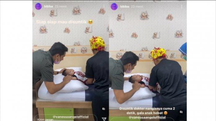 Bayi Vanessa Angel disuntik vaksin di rumah sakit.