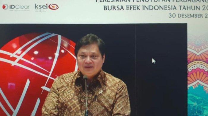 Menko Airlangga dalam acara Penutupan Perdagangan Bursa Efek Indonesia (BEI) Tahun 2021, di Jakarta, Kamis (30/12).