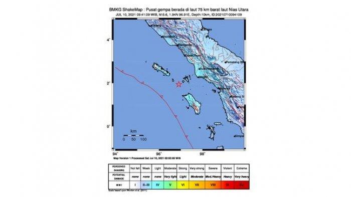 Informasi gempa bumi yang terjadi di Nias, Sumatera Utara, Sabtu (10/7/2021).