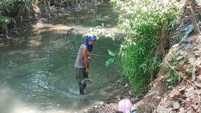Entin Supriatin (55), warga Cipicung, Desa Karangsari, Kecamatan Padaherang, Kabupaten Pangandaran, sedang mencari pasir.