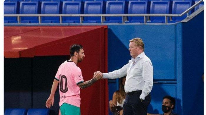 Ronald Koeman dan Lionel Messi bersalaman saat Barcelona saat Blaugrana menang 3-1 atas Girona dalam laga persahabatan di Stadion Johan Cruyff, Rabu (16/9/2020) waktu setempat atau Kamis dini hari WIB.