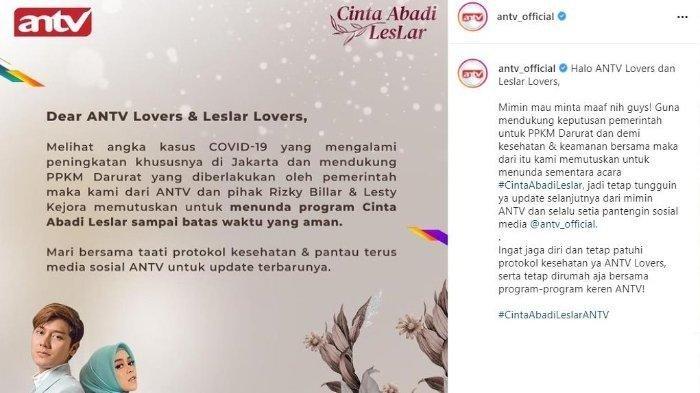 postingan ANTV pengumuman acara pengajian dan pesta lepas bujang Rizky Billar ditunda