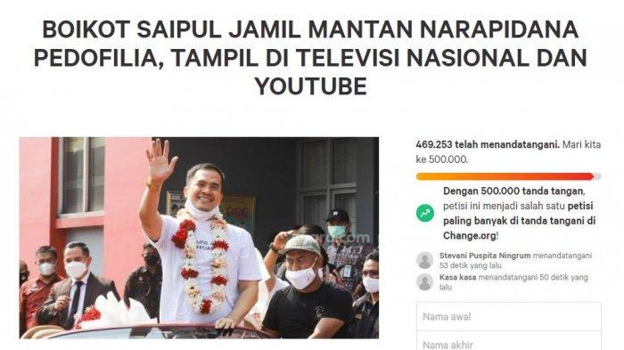 Dilihat Tribunjabar.id pada Selasa (7/9/2021) pukul 11.30 WIB, petisi boikot Saipul Jamil di TV dan YouTube sudah ditandatangani sebanyak 469 ribuan kali.