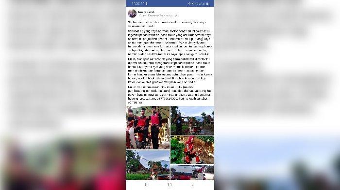 Tangkapan layar postingan akun Facebook Pengasuh Pondok Pesantren Bina Insan Mulia, KH Imam Jazuli, yang hendak menjual motor Honda 70 miliknya. Yang berminat cukup membayar dengan puasa Senin Kamis selama satu tahun.