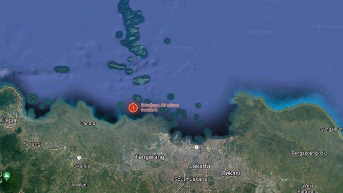 Titik jatuhnya pesawat Sriwijaya Air, Sabtu (9/1/2021). Pesawat dengan registrasi PK-CLC tersebut melayani rute Jakarta-Pontianak. Pesawat yang lepas landas pukul 14.36 WIB itu seharusnya tiba pada pukul 15.15 di Bandara Soepadio, Pontianak.