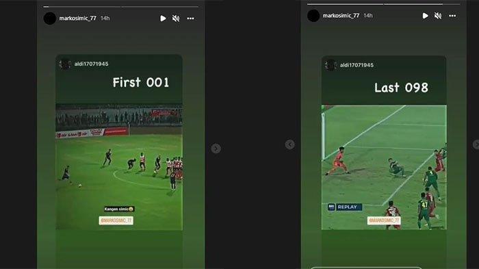 Cuplikan gol perdana Marko Simic untuk Persija Jakarta (kiri) dan gol terakhir kala jebol gawang Persebaya (kanan) pada postingan Instagram Story @markosimic_77.
