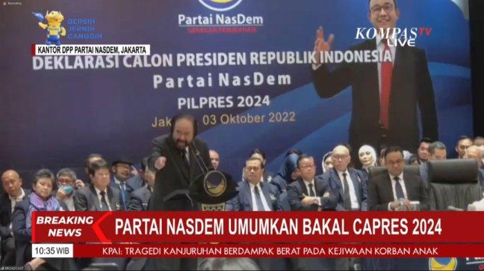 Ketua Umum Partai NasDem Surya Paloh memberi sambutan saat NasDem mendeklarasikan Gubernur DKI Jakarta Anies Baswedan sebagai bakal calon presiden (capres) Pilpres 2024, di Kantor DPP Partai NasDem, Jalan RP Soeroso, Gondangdia, Jakarta Pusat, Senin (3/10/2022). Anies Baswedan selaku bakal capres 2024 turut hadir di acara tersebut.