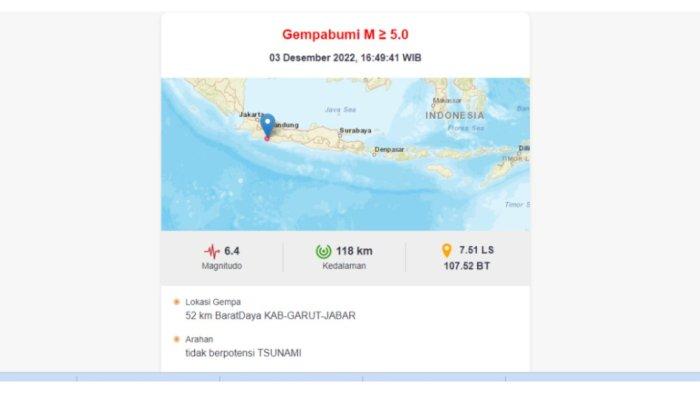 Tangkapan gambar laman BMKG terkait gempa Garut, Sabtu (3/12/2022).