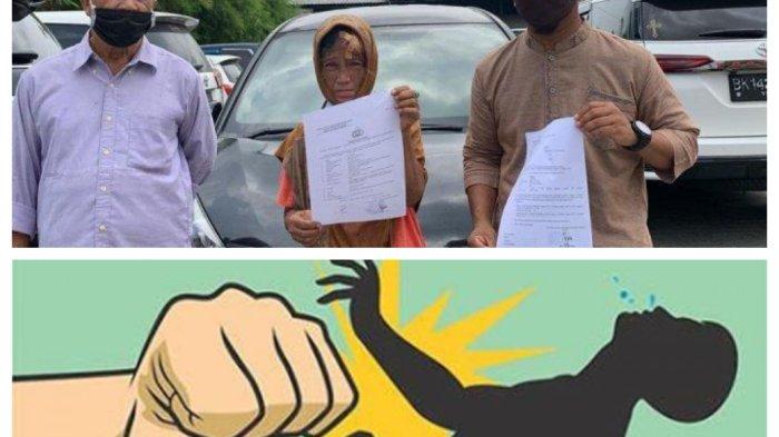 Suryati didampingi warga saat melaporkan anak kandungnya ke Polrestabes Medan atas kasus penganiayaan, Senin (14/2/2022).