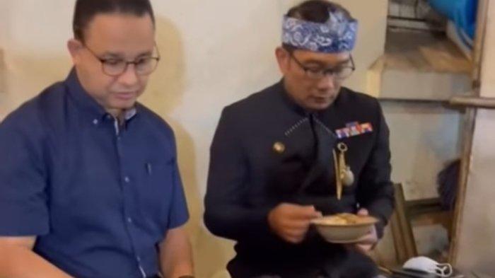 Tangkapan layar saat Anies dan Ridwan Kamil menyantap sepiring bubur di Bandung, Jawa Barat.