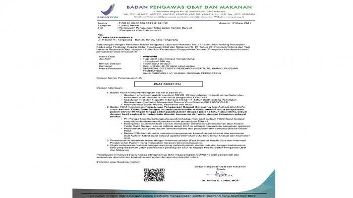 BPOM berikan Persetujuan Penggunaan Darurat AVIFAVIR