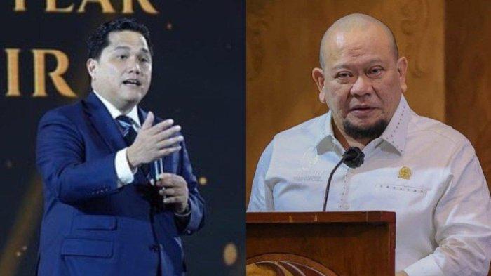 Menteri BUMN sekaligus mantan Presiden Inter Milan, Erick Thohir (kiri) dan Ketua DPD RI sekaligus mantan Ketua Umum PSSI (2015-2016), La Nyalla Mattalitti (kanan) resmi telah mendaftarkan diri sebagai calon Ketua Umum PSSI periode 2023-2027.