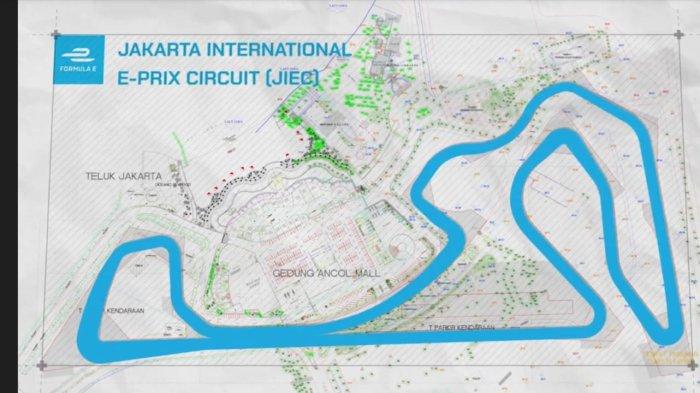 Gambaran sirkuit Formula E di Taman Impian Jaya Ancol berbentuk Kuda Lumping.