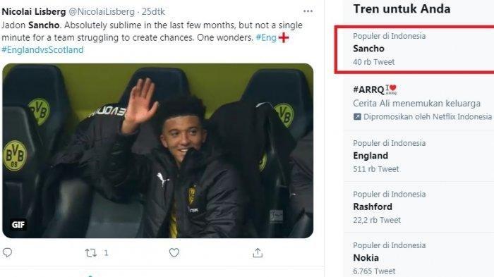 Jadon Sancho Trending Saat Timnas Inggris Memble Lawan Skotlandia, Netizen pertanyakan mengapa Pelatih Gareth Southgate tak mainkan Sancho.