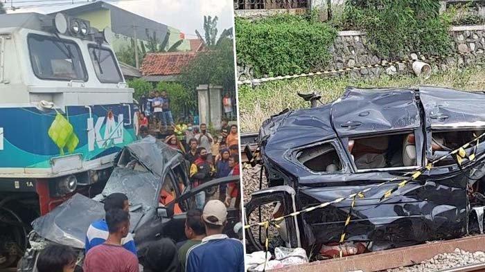 Kecelakaan yang melibatkan satu unit minibus Avanza berwarna hitam dan kereta api jarak jauh Argo Sindoro jurusan Semarang Tawang-Gambir PP di dekat Stasiun Tambun, Kabupaten Bekasi pada Selasa (21/6/2022). Seorang pria dinyatakan meninggal dunia akibat kecelakaan tersebut. (Kompas.com/Joy Andre T)