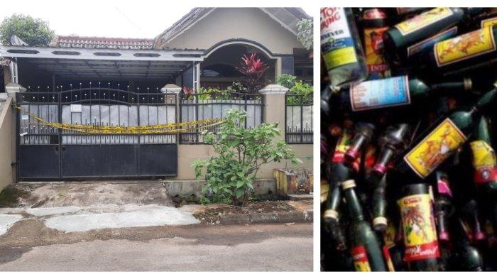 Kolase foto rumah pabrik ciu di Bekasi dengan ilustrasi miras.