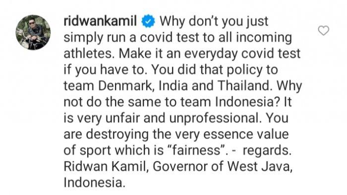 Komentar Ridwan Kamil di akun Instagram BWF atas dikeluarkannnya tim bulu tangkis Indonesia di ajang All England 2021.