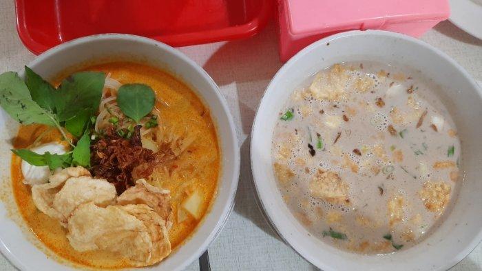Makanan favorit di Soto Betawi Haji Ma'ruf. Ada Soto Betawi (kanan), hingga Laksa Betawi (kiri).