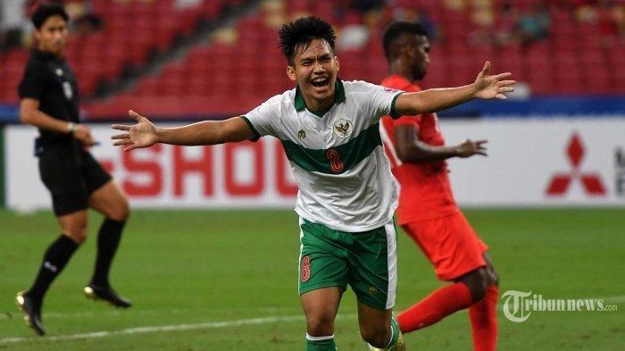 Pemain Timnas Indonesia Witan Sulaeman rayakan golnya ke gawang Singapura di semifinal leg 1 Piala AFF 2020.