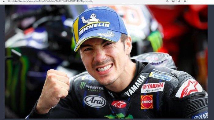 Pembalap Monster Energy Yamaha, Maverick Vinales, saat merayakan kesuksesan meraih pole position pada MotoGP Belanda 2021.