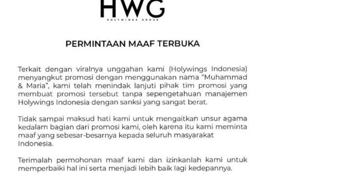 Permohonan maaf manajemen Holywings atas viralnya promosi alkohol untuk yang bernama Muhammad dan Maria.