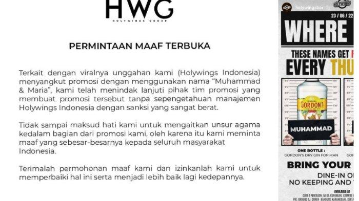 Permohonan maaf manajemen Holywings atas viralnya promosi alkohol untuk yang bernama Muhammad dan Maria.