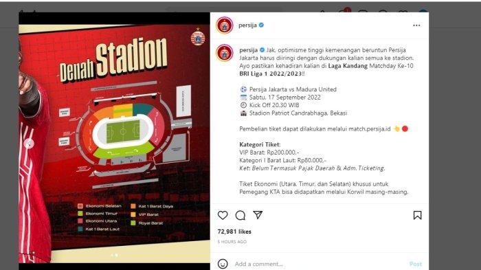 Informasi tiket pertandingan Persija Jakarta Vs Madura United yang akan berlaga pada Sabtu (17/9/2022) di Stadion Patriot Candrabhaga, Bekasi, Jawa Barat.
