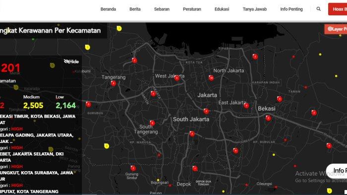 Tangkapan layar - Peta sebaran kasus Covid-19 di DKI Jakarta berdasarkan tingkat kerawanan per kecamatan pada Rabu (26/1/2022).