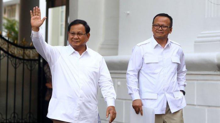 Ketua Umum Partai Gerindra, Prabowo Subianto (kiri) didampingi Wakil Ketua Umum Partai Gerindra, Edhy Prabowo keluar dari dalam kompleks Istana Kepresidenan, Jakarta Pusat, Senin (21/10/2019) sore. Perjalanan Panjang Prabowo Subianto Masuk Kabinet: 11 Tahun Oposisi, 3 Kali Gagal di Pilpres.