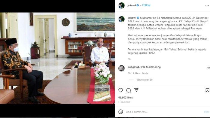 Presiden Jokowi menerima kunjungan Ketua Umum PBNU Gus Yahya di Istana Bogor, Jawa Barat, Rabu (29/12/2021).