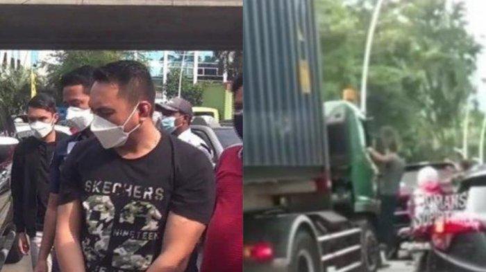 Aparat Polres Metro Jakarta Utara mengamankan pengemudi Mitsubishi Pajero yang viral (baju hitam) di media sosial setelah memukul sopir dan memecahkan kaca truk trailer di Jakarta Utara, Senin (28/6/2021).