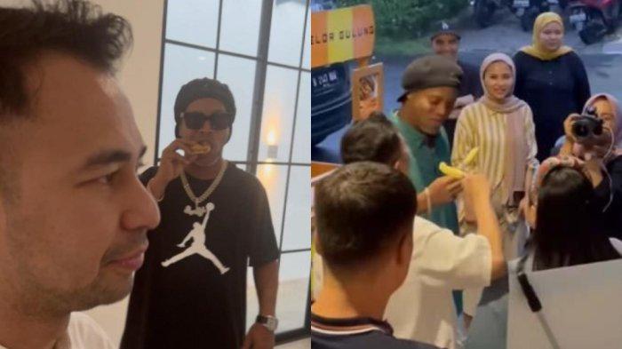 Ronaldinho saat makan telur gulung dan pangsit goreng bersama Raffi Ahmad.
