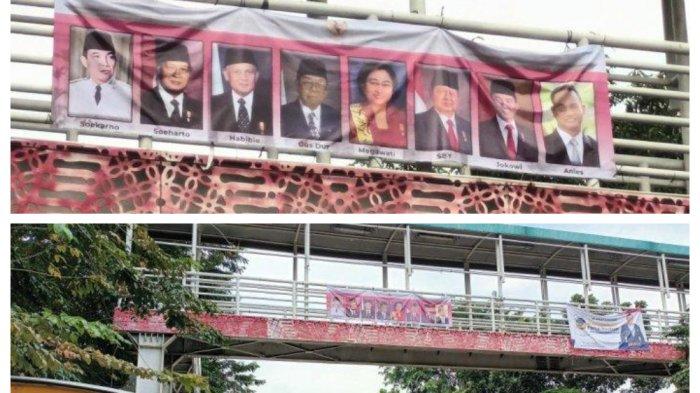 Spanduk Gubernur DKI Jakarta Anies Baswedan bersanding bersama tujuh Presiden Indonesia, termasuk Jokowi terpampang di JPO Jalan Pemuda, Jakarta Timur, Sabtu (18/6/2022).