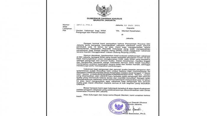 Surat Gubernur DKI Jakarta Anies Baswedan ke Menteri Kesehatan Budi Gunadi Sadikin memberikan vaksin Covid-19 kepada warga negara asing (WNA) pencari suaka