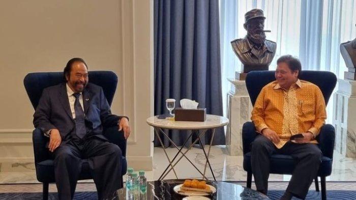 Surya Paloh dan Airlangga Hartarto di NasDem Tower, Rabu (10/3/2022).