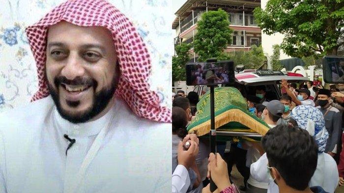 Jenazah Syekh Ali Jaber yang diturunkan dari ambulans dan hendak diangkut ke masjid untuk disalatkan di Pesantren Tahfidz Daarul Quran, Cipondoh, Kota Tangerang, Banten, Kamis (14/1/2021).