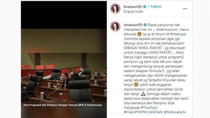 Anggota DPRD DKI Jakarta, Agustina Hermanto alias Tina Toon protes terkait pelaksanaan balapan Formula E.