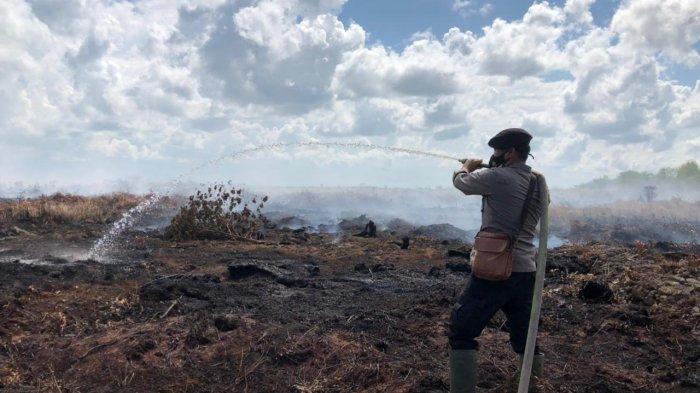 Sat Brimob Polda Jambi bersama rombongan masyarakat setempat melakukan pemadaman dan pendinginan lahan terbakar di Desa Sungai Sayang Parit 7 Kecamatan Sadu Tanjabtim, Sabtu (6/3/2021) kemarin.