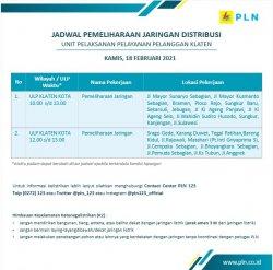 Info Pemeliharaan Jaringan Listrik PLN ULP Klaten Kota Kamis 18 Februari 2021