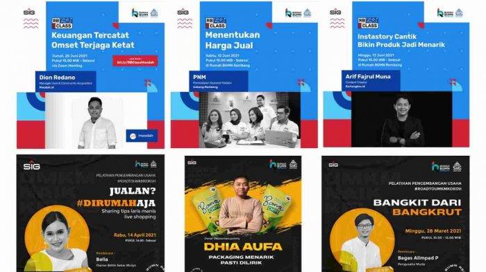 Kolase beberapa poster kegiatan Rumah BUMN Class. Kelas dan pelatihan yang menjadi bagian dari UMKM Kokoh untuk menjawab permasalahan dari para pelaku usaha UMKM di Kabupaten Rembang.