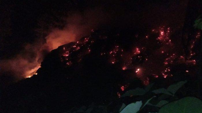 Kondisi kebakaran di lahan yang berisi limbah pabrik kayu. Senin (25/7/2022) malam. Petugas masih terus memadamkan api, karena api kembali muncul di tiga titik.