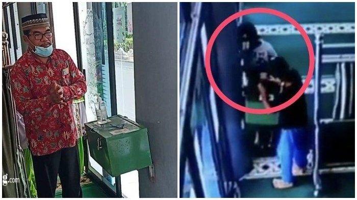 Pengurus masjid saat menunjukan posisi kotak amal dan (Kanan) video viral 2 bocah SD bobol kotak amal masjid di Kota Padang.