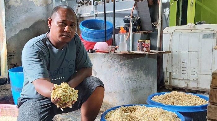 Produsen tempe di Tegal menunjukkan tempe produksinya yang dipertipis.
